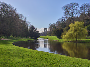 This landscape photograph captures a sunny afternoon in early spring, looking towards the historic Fountains Abbey from the banks of the River Skell in Studley Royal Park, North Yorkshire, England, United Kingdom. The river’s calm waters create a clear reflection of the abbey’s tower, adding to the picturesque quality of the scene. Surrounding the river, lush green grass and trees in various stages of budding line the banks, while the light from the sun highlights the vibrant colors of the emerging spring foliage. Fountains Abbey, a well-known landmark in North Yorkshire, stands majestically in the distance, perfectly framed by the natural beauty of the park. This serene setting in England is characterized by the tranquil flow of the river and the harmony of historical and natural elements.